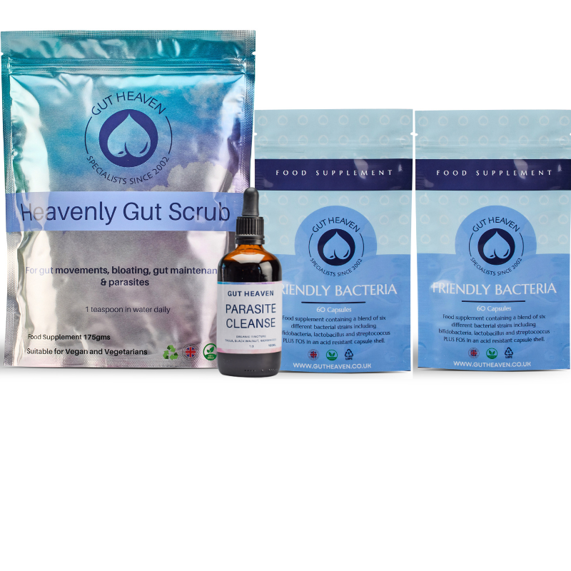Gut Heaven Intermediate Parasite Collection - contains heavenly Gut Scrub, two Friendly Bacteria packs (60 tablets each) and the Gut Heaven Parasite Cleanse Tincture 100ml